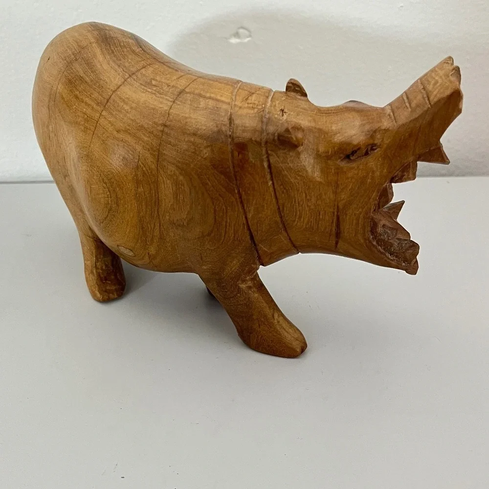 Vintage African ‎ Hand Carved Wood Hippopotamus Open Mouth Hungry Hippo